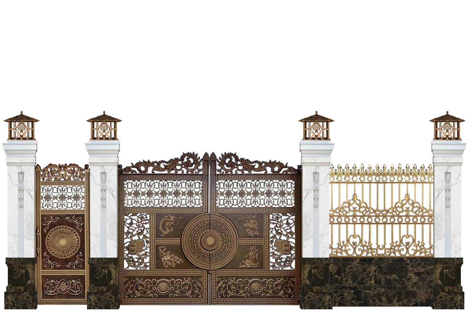 Mẫu hàng rào nhôm đúc kết hợp cổng họa tiết trống đồng